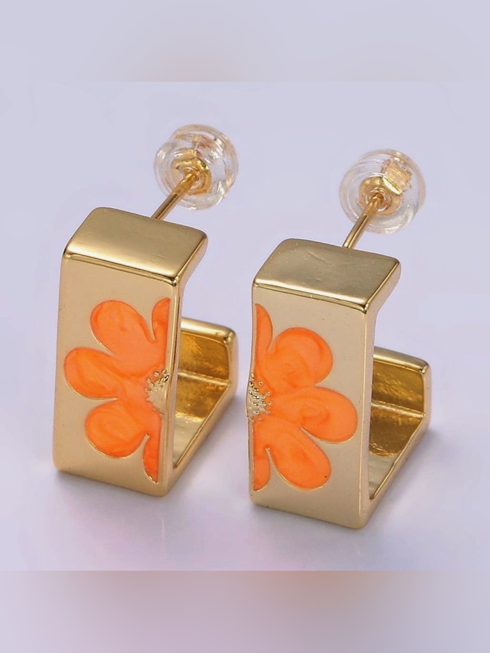 14K Gold Filled Orange Enamel Flower J-Hoop Earrings - Picture 3 of 4